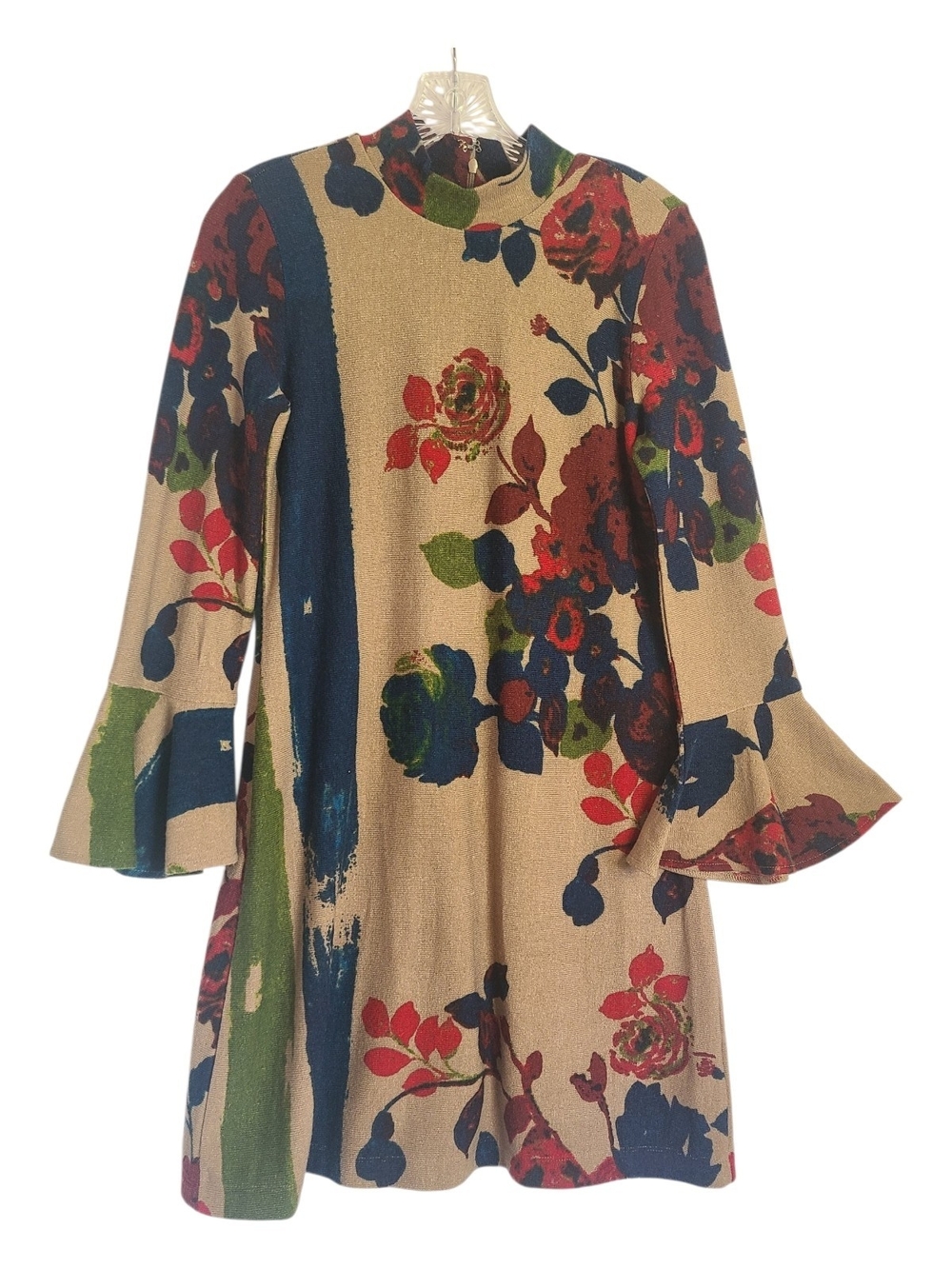 Grace Elements Floral Bell Sleeve Mock Neck Stretch Knit Dress Small
